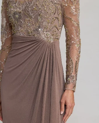 Mac Duggal Sequin Embroidered Long Sleeve Jersey Skirt Gown #1 Golden Brown thumbnail