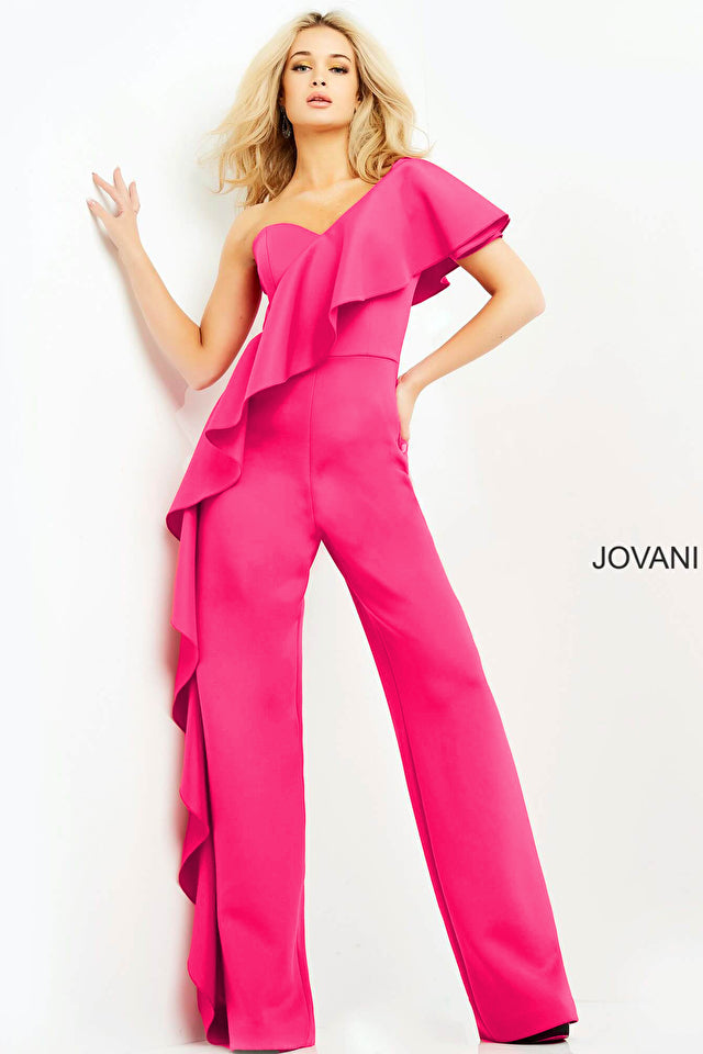 Pink Peplum Style One Shoulder Jumpsuit in Georgette – Tirumala Designers