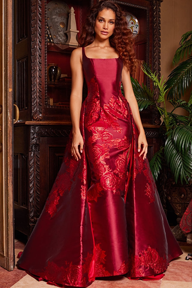 Jovani 07441 Red Pleated Overskirt Sleeveless Prom Gown – Spybaby