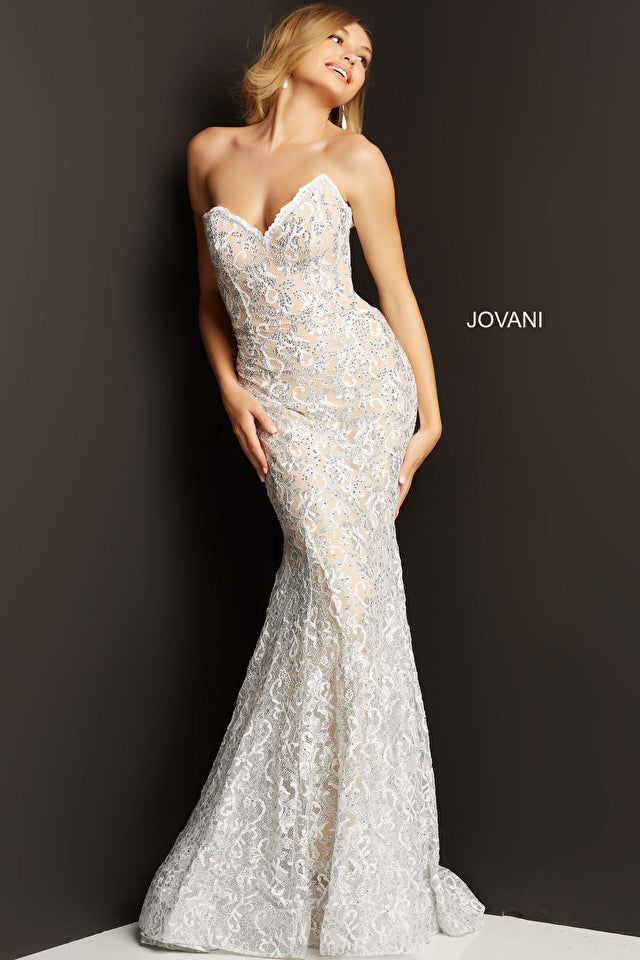 Jovani 08215 White Silver Embellished Lace Prom Dress